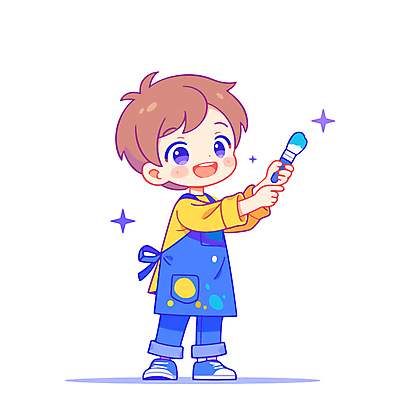 전신 캐릭터 남자 어린이 일러스트 미술 한명 들기 소년 파란색 반짝임 앞치마 물감 활기 묻은 소년한명만 일러캐릭터 AI파일 1 컬러 컨셉 모션 문화예술 사람 미술도구 남자한명만 소년만 파일형식 벡터