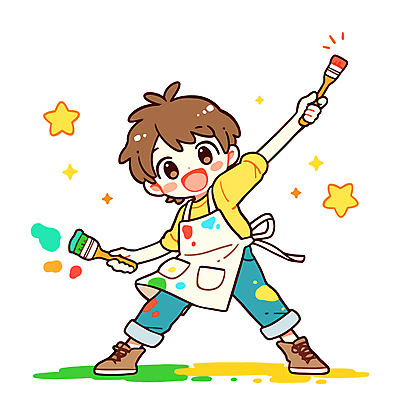 전신 캐릭터 남자 어린이 일러스트 미술 한명 들기 소년 반짝임 노란색 앞치마 물감 붓 그리기 활기 묻은 소년한명만 일러캐릭터 AI파일 1 컬러 컨셉 모션 문화예술 사람 미술도구 남자한명만 소년만 파일형식 벡터