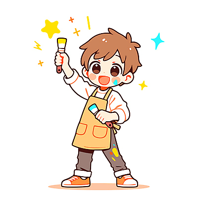 전신 캐릭터 남자 어린이 일러스트 미술 한명 들기 소년 반짝임 노란색 앞치마 물감 활기 묻은 소년한명만 일러캐릭터 AI파일 1 컬러 컨셉 모션 문화예술 사람 미술도구 남자한명만 소년만 파일형식 벡터