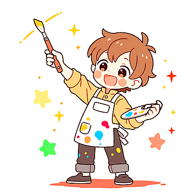 전신 캐릭터 남자 어린이 일러스트 미술 한명 들기 소년 반짝임 노란색 앞치마 물감 붓 활기 묻은 소년한명만 일러캐릭터 AI파일 1 컬러 컨셉 모션 문화예술 사람 미술도구 남자한명만 소년만 파일형식 벡터