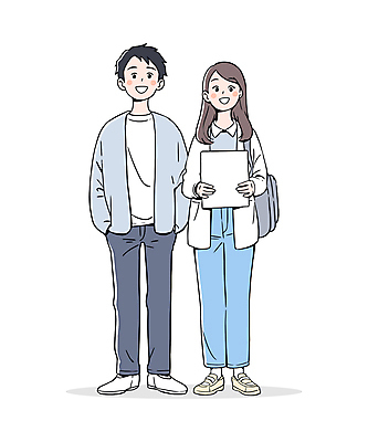 전신 여자 남자 대학생 하늘색 가방 일러스트 협력 웃음 들기 성인 두명 캐주얼 친구 청춘 동료 즐거움 문서 주머니손 성인만 일러캐릭터 AI파일 캐릭터 학생 잡화 옷 감정 컨셉 관계 모션 표정 사람 파란색 파일형식 벡터