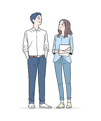 전신 여자 남자 대학생 하늘색 일러스트 협력 웃음 들기 성인 두명 캐주얼 친구 청춘 동료 즐거움 문서 주머니손 성인만 일러캐릭터 AI파일 캐릭터 학생 옷 감정 컨셉 관계 모션 표정 사람 파란색 파일형식 벡터