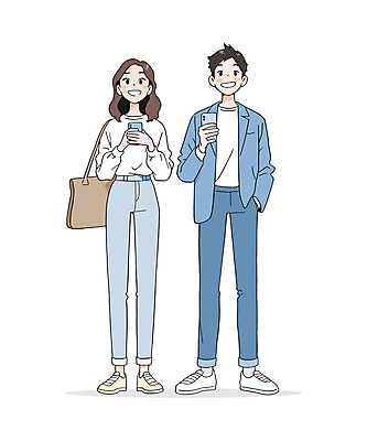 전신 여자 남자 대학생 하늘색 가방 일러스트 협력 웃음 들기 성인 두명 캐주얼 친구 스마트폰 청춘 동료 즐거움 주머니손 성인만 일러캐릭터 AI파일 캐릭터 학생 잡화 옷 감정 컨셉 관계 모션 표정 사람 파란색 핸드폰 스마트기기 파일형식 벡터