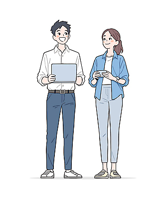 전신 여자 남자 대학생 하늘색 일러스트 협력 웃음 들기 성인 두명 캐주얼 친구 노트북 스마트폰 청춘 동료 즐거움 성인만 일러캐릭터 AI파일 캐릭터 학생 옷 감정 컨셉 관계 모션 표정 사람 파란색 전자제품 핸드폰 스마트기기 파일형식 벡터