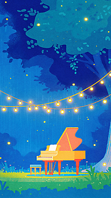 JPG 나무 공원 일러스트 자연 밤하늘 잔디 사람없음 야외 파란색 비 분위기 피아노 감성 별빛 알전구 국내일러스트 AI일러스트 AI콘텐츠 자연요소 식물 공공시설 별 컬러 컨셉 전구 하늘 날씨 빛 건반악기 야간 생태계 파일형식