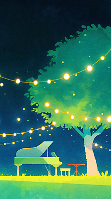 JPG 나무 공원 일러스트 자연 탁자 밤하늘 잔디 사람없음 야외 초록색 분위기 피아노 감성 별빛 알전구 국내일러스트 AI일러스트 AI콘텐츠 식물 공공시설 별 컬러 가구 컨셉 전구 하늘 빛 건반악기 야간 생태계 파일형식