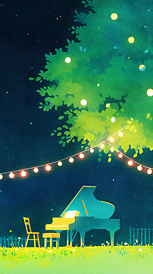 JPG 나무 공원 의자 일러스트 자연 나뭇잎 잔디 사람없음 야외 초록색 울타리 분위기 피아노 감성 별빛 알전구 국내일러스트 AI일러스트 AI콘텐츠 식물 공공시설 별 컬러 가구 컨셉 잎 전구 빛 담장 건반악기 생태계 파일형식