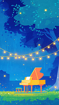 JPG 나무 공원 일러스트 자연 밤하늘 잔디 사람없음 야외 파란색 비 분위기 피아노 감성 별빛 알전구 국내일러스트 AI일러스트 AI콘텐츠 자연요소 식물 공공시설 별 컬러 컨셉 전구 하늘 날씨 빛 건반악기 야간 생태계 파일형식