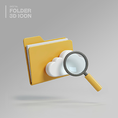 PSD 아이콘 돋보기 사람없음 3D아이콘 노란색 3D 디지털 문서 파일 폴더 구름모양 클라우드서비스 엘리먼트 편집3D 모양 컬러 디지털합성 서비스 파일형식 구름_자연
