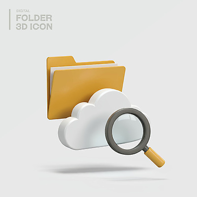 PSD 아이콘 돋보기 사람없음 3D아이콘 노란색 3D 디지털 문서 파일 폴더 구름모양 클라우드서비스 엘리먼트 편집3D 모양 컬러 디지털합성 서비스 파일형식 구름_자연