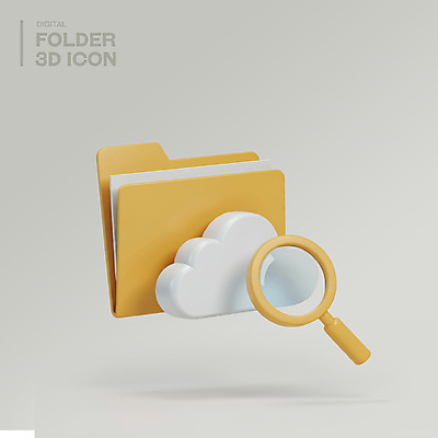 PSD 아이콘 돋보기 사람없음 3D아이콘 노란색 3D 디지털 문서 파일 폴더 구름모양 클라우드서비스 엘리먼트 편집3D 모양 컬러 디지털합성 서비스 파일형식 구름_자연