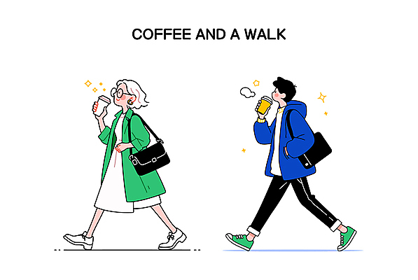 전신 여자 남자 여유 커피 인물캐릭터 일러스트 휴식 들기 성인 두명 파란색 걷기 산책 마시기 수증기 테이크아웃컵 성인만 일러캐릭터 AI파일 캐릭터 감정 음료 컬러 컨셉 모션 사람 컵 파일형식 벡터