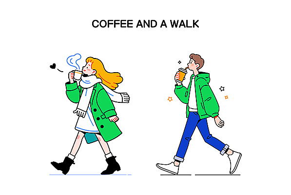 전신 여자 남자 여유 커피 인물캐릭터 일러스트 휴식 들기 성인 두명 초록색 걷기 목도리 산책 머그컵 마시기 하트 수증기 테이크아웃컵 성인만 일러캐릭터 AI파일 모양 캐릭터 잡화 감정 음료 컬러 컨셉 모션 사람 컵 파일형식 벡터