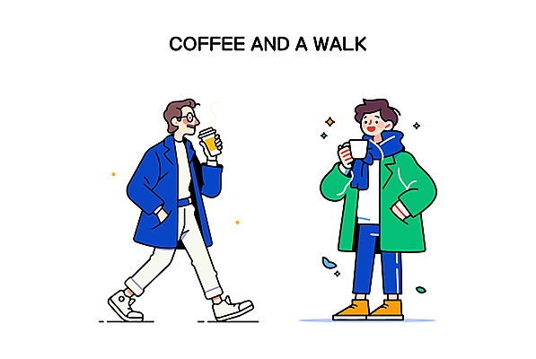 전신 남자 안경 여유 커피 인물캐릭터 일러스트 휴식 들기 성인 두명 파란색 걷기 목도리 산책 머그컵 주머니손 테이크아웃컵 성인남자만 일러캐릭터 AI파일 캐릭터 잡화 감정 음료 컬러 컨셉 모션 사람 컵 남자만 성인만 파일형식 벡터