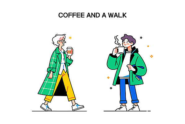 전신 여자 남자 여유 커피 인물캐릭터 일러스트 휴식 들기 성인 두명 초록색 걷기 산책 머그컵 잡기 수증기 테이크아웃컵 성인만 일러캐릭터 AI파일 캐릭터 감정 음료 컬러 컨셉 모션 사람 컵 파일형식 벡터