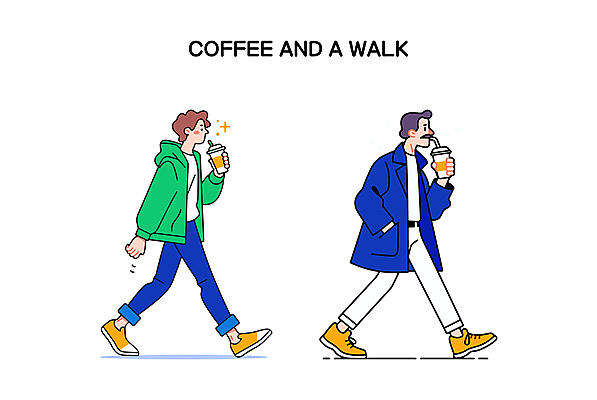 전신 남자 여유 커피 인물캐릭터 일러스트 휴식 들기 성인 두명 파란색 걷기 산책 마시기 수증기 주머니손 테이크아웃컵 성인남자만 일러캐릭터 AI파일 캐릭터 감정 음료 컬러 컨셉 모션 사람 컵 남자만 성인만 파일형식 벡터