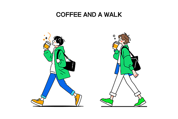 전신 남자 여유 커피 인물캐릭터 가방 일러스트 휴식 들기 성인 두명 초록색 걷기 산책 마시기 수증기 테이크아웃컵 성인남자만 일러캐릭터 AI파일 캐릭터 잡화 감정 음료 컬러 컨셉 모션 사람 컵 남자만 성인만 파일형식 벡터