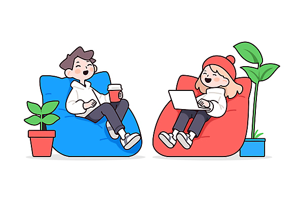 전신 모자 여자 남자 화분 일러스트 휴식 대화 웃음 들기 앉기 성인 두명 노트북 편안함 테이크아웃컵 성인만 미니멀 빈백 일러캐릭터 AI파일 캐릭터 잡화 생활용품 컨셉 모션 표정 말하기 사람 컵 전자제품 감각 파일형식 벡터