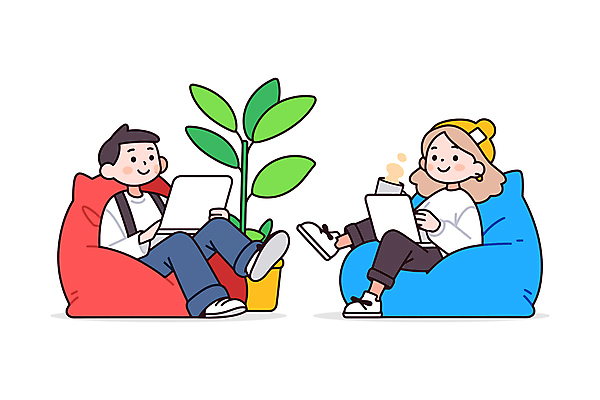 전신 여자 남자 화분 일러스트 휴식 대화 웃음 들기 앉기 성인 두명 노트북 머그컵 수증기 편안함 비니 성인만 미니멀 빈백 일러캐릭터 AI파일 캐릭터 모자_잡화 생활용품 컨셉 모션 표정 말하기 사람 컵 전자제품 감각 파일형식 벡터