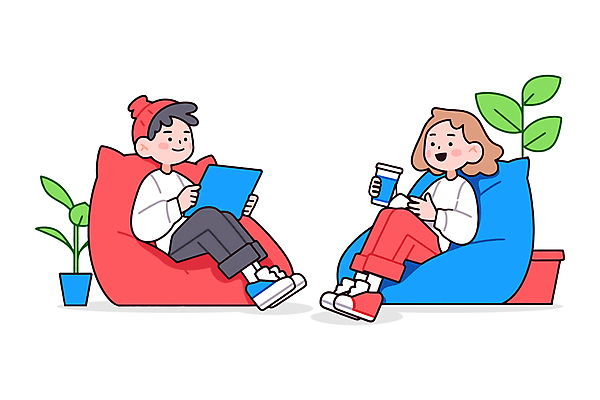 전신 여자 남자 화분 일러스트 휴식 대화 웃음 들기 앉기 성인 두명 태블릿 편안함 비니 테이크아웃컵 성인만 미니멀 빈백 일러캐릭터 AI파일 캐릭터 모자_잡화 생활용품 컨셉 모션 표정 말하기 사람 컵 전자제품 스마트기기 감각 파일형식 벡터