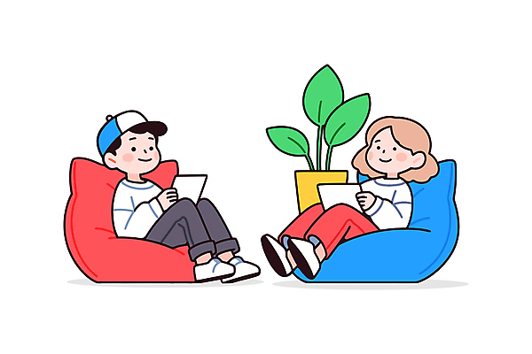 전신 여자 남자 화분 종이 일러스트 휴식 대화 웃음 들기 앉기 성인 두명 편안함 캡모자 성인만 미니멀 빈백 일러캐릭터 AI파일 캐릭터 모자_잡화 생활용품 컨셉 모션 표정 말하기 사람 감각 파일형식 벡터