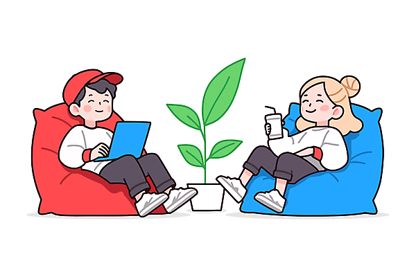 전신 여자 남자 화분 일러스트 휴식 대화 웃음 들기 앉기 성인 두명 노트북 편안함 테이크아웃컵 성인만 미니멀 빈백 일러캐릭터 AI파일 캐릭터 생활용품 컨셉 모션 표정 말하기 사람 컵 전자제품 감각 파일형식 벡터