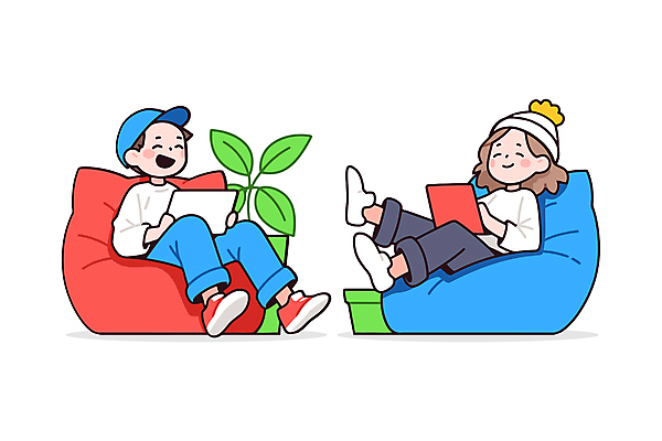 전신 여자 남자 화분 일러스트 휴식 대화 웃음 들기 앉기 성인 두명 노트북 태블릿 편안함 성인만 미니멀 빈백 일러캐릭터 AI파일 캐릭터 생활용품 컨셉 모션 표정 말하기 사람 전자제품 스마트기기 감각 파일형식 벡터