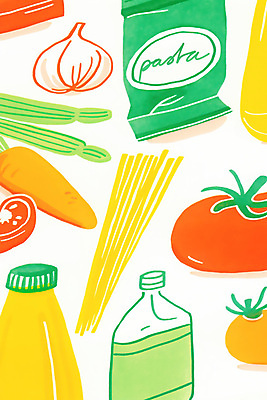 JPG 백그라운드 패턴 토마토 일러스트 마늘 사람없음 당근 파스타면 미니멀 국내일러스트 AI일러스트 AI콘텐츠 무늬 채소 뿌리채소 파스타 면류 파일형식