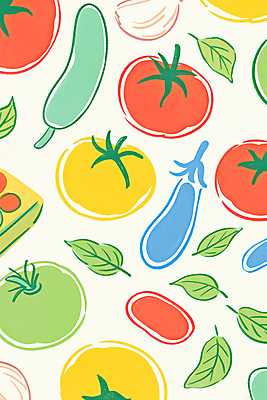 JPG 백그라운드 패턴 토마토 일러스트 가지 나뭇잎 오이 마늘 사람없음 미니멀 국내일러스트 AI일러스트 AI콘텐츠 잎 무늬 채소 파일형식