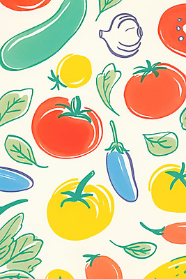 JPG 백그라운드 패턴 토마토 일러스트 가지 나뭇잎 마늘 사람없음 미니멀 국내일러스트 AI일러스트 AI콘텐츠 잎 무늬 채소 파일형식