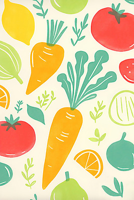 JPG 백그라운드 잎 패턴 토마토 오렌지 일러스트 양파 사람없음 당근 레몬 미니멀 국내일러스트 AI일러스트 AI콘텐츠 식물 무늬 채소 과일 뿌리채소 파일형식