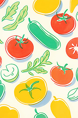 JPG 백그라운드 패턴 토마토 일러스트 양파 나뭇잎 오이 사람없음 미니멀 국내일러스트 AI일러스트 AI콘텐츠 잎 무늬 채소 파일형식