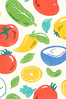 JPG 백그라운드 패턴 토마토 일러스트 고추 나뭇잎 사람없음 레몬 미니멀 국내일러스트 AI일러스트 AI콘텐츠 잎 무늬 채소 과일 파일형식