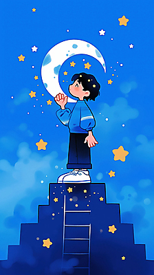 JPG 전신 남자 별 어린이 일러스트 사다리 밤하늘 하늘 한명 소년 파란색 손들기 꿈 달 호기심 환상 소년한명만 국내일러스트 AI일러스트 AI콘텐츠 자연요소 1 감정 컬러 컨셉 모션 사람 도구 야간 남자한명만 소년만 파일형식