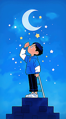 JPG 전신 남자 별 어린이 일러스트 사다리 밤하늘 하늘 한명 소년 파란색 손들기 꿈 달 호기심 환상 소년한명만 국내일러스트 AI일러스트 AI콘텐츠 자연요소 1 감정 컬러 컨셉 모션 사람 도구 야간 남자한명만 소년만 파일형식