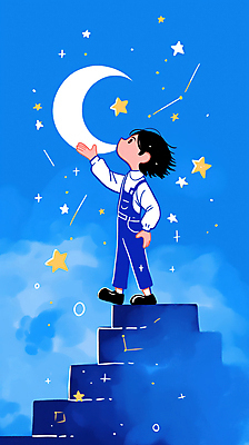 JPG 전신 남자 별 어린이 일러스트 밤하늘 한명 소년 파란색 손들기 꿈 달 호기심 환상 소년한명만 국내일러스트 AI일러스트 AI콘텐츠 자연요소 1 감정 컬러 컨셉 모션 하늘 사람 야간 남자한명만 소년만 파일형식