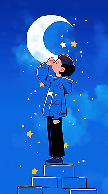 JPG 전신 남자 별 어린이 일러스트 밤하늘 한명 소년 파란색 손들기 꿈 달 호기심 환상 소년한명만 국내일러스트 AI일러스트 AI콘텐츠 자연요소 1 감정 컬러 컨셉 모션 하늘 사람 야간 남자한명만 소년만 파일형식