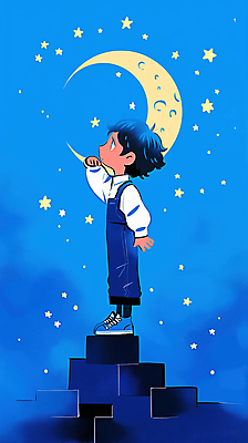 JPG 전신 남자 별 어린이 일러스트 밤하늘 한명 소년 파란색 손들기 꿈 달 호기심 환상 소년한명만 국내일러스트 AI일러스트 AI콘텐츠 자연요소 1 감정 컬러 컨셉 모션 하늘 사람 야간 남자한명만 소년만 파일형식