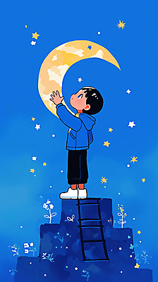 JPG 전신 남자 별 어린이 일러스트 사다리 밤하늘 한명 소년 파란색 손들기 꿈 달 호기심 환상 소년한명만 국내일러스트 AI일러스트 AI콘텐츠 자연요소 1 감정 컬러 컨셉 모션 하늘 사람 도구 야간 남자한명만 소년만 파일형식