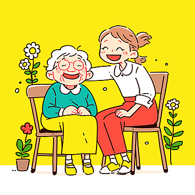 전신 여자 노년 꽃 화분 안경 할머니 일러스트 앉기 성인 두명 노란색 봉사 복지 감사 요양 간병인 여자만 어깨에손 국내일러스트 AI파일 식물 직업 잡화 감정 컬러 모션 사람 도움 간호 사회이슈 파일형식 벡터