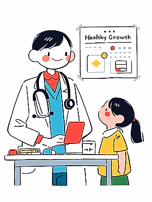 여자 남자 어린이 일러스트 청진기 건강 병원 미소 들기 소녀 상반신 성인 두명 진료 환자 의사 책상 상담 성장클리닉 십자마크 차트보드 국내일러스트 AI파일 가구 의학 의료기기 모션 표정 사람 의료진 클리닉 파일형식 벡터