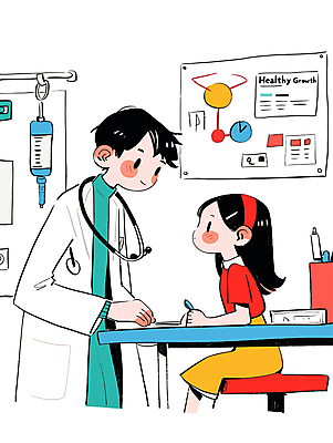 여자 남자 어린이 일러스트 청진기 건강 병원 미소 앉기 소녀 상반신 성인 두명 진료 환자 의사 책상 상담 성장클리닉 국내일러스트 AI파일 가구 의학 의료기기 모션 표정 사람 의료진 클리닉 파일형식 벡터