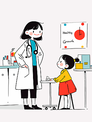 전신 여자 어린이 일러스트 청진기 건강 병원 미소 소녀 성인 두명 진료 환자 의사 책상 상담 주머니손 성장클리닉 여자만 국내일러스트 AI파일 가구 의학 의료기기 모션 표정 사람 의료진 클리닉 파일형식 벡터
