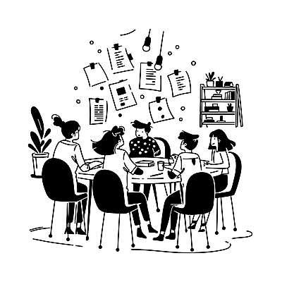 전신 여자 남자 화분 의자 일러스트 회의 조명 아이디어 직장 앉기 여러명 성인 검은색 업무 직장인 그룹 토론 집중 책상 진열장 문서 성인만 국내일러스트 AI파일 직업 컬러 가구 다수 컨셉 회사 비즈니스 모션 사람 작업 파일형식 벡터