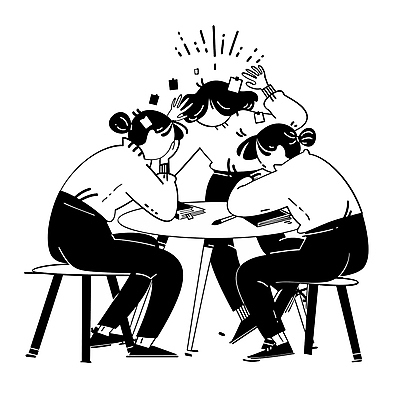 전신 여자 의자 일러스트 회의 아이디어 직장 앉기 성인 세명 손들기 검은색 턱괴기 업무 직장인 그룹 토론 집중 고민 성인여자만 국내일러스트 AI파일 직업 감정 컬러 가구 컨셉 회사 비즈니스 모션 사람 작업 여자만 성인만 파일형식 벡터