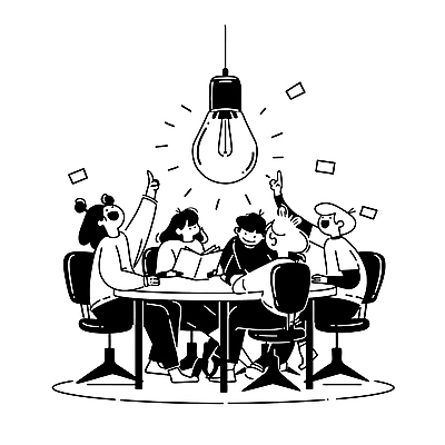 여자 남자 의자 일러스트 전구 회의 아이디어 직장 앉기 여러명 성인 책 검은색 가리킴 업무 직장인 그룹 토론 집중 읽기 책상 성인만 국내일러스트 AI파일 직업 컬러 가구 다수 컨셉 회사 비즈니스 모션 사람 손짓 작업 파일형식 벡터