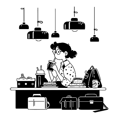 여자 음료 의자 가방 일러스트 비즈니스 조명 아이디어 직장 샌드위치 한명 들기 상반신 성인 검은색 업무 직장인 집중 책상 성인여자한명만 안경낌 국내일러스트 AI파일 직업 1 잡화 안경 음식 컬러 가구 컨셉 회사 모션 사람 작업 여자한명만 성인여자만 파일형식 벡터