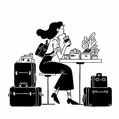 전신 여자 화분 커피 의자 일러스트 비즈니스 직장 한명 들기 앉기 성인 여행가방 검은색 직장인 집중 책상 몬스테라 성인여자한명만 국내일러스트 AI파일 식물 직업 1 음료 컬러 가구 컨셉 가방 회사 모션 사람 여자한명만 성인여자만 파일형식 벡터