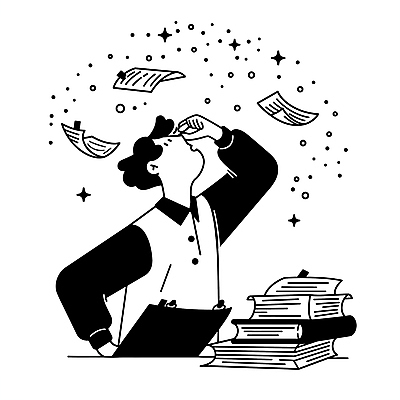 남자 일러스트 비즈니스 아이디어 직장 한명 상반신 성인 반짝임 손들기 검은색 업무 직장인 문서 책더미 성인남자한명만 흩날리기 국내일러스트 AI파일 직업 1 컬러 컨셉 회사 모션 사람 책 작업 무더기 남자한명만 성인남자만 파일형식 벡터