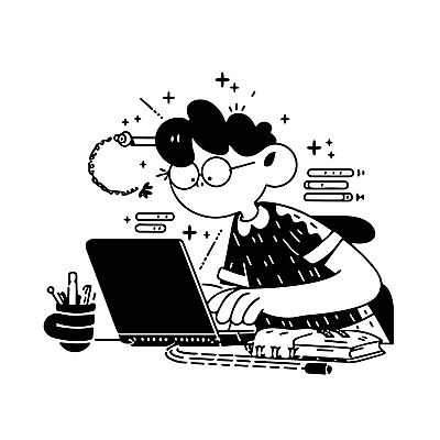 남자 일러스트 비즈니스 아이디어 직장 한명 상반신 성인 책 노트북 반짝임 검은색 타이핑 업무 직장인 집중 성인남자한명만 안경낌 국내일러스트 AI파일 직업 1 안경 컬러 컨셉 회사 모션 사람 전자제품 작업 남자한명만 성인남자만 파일형식 벡터